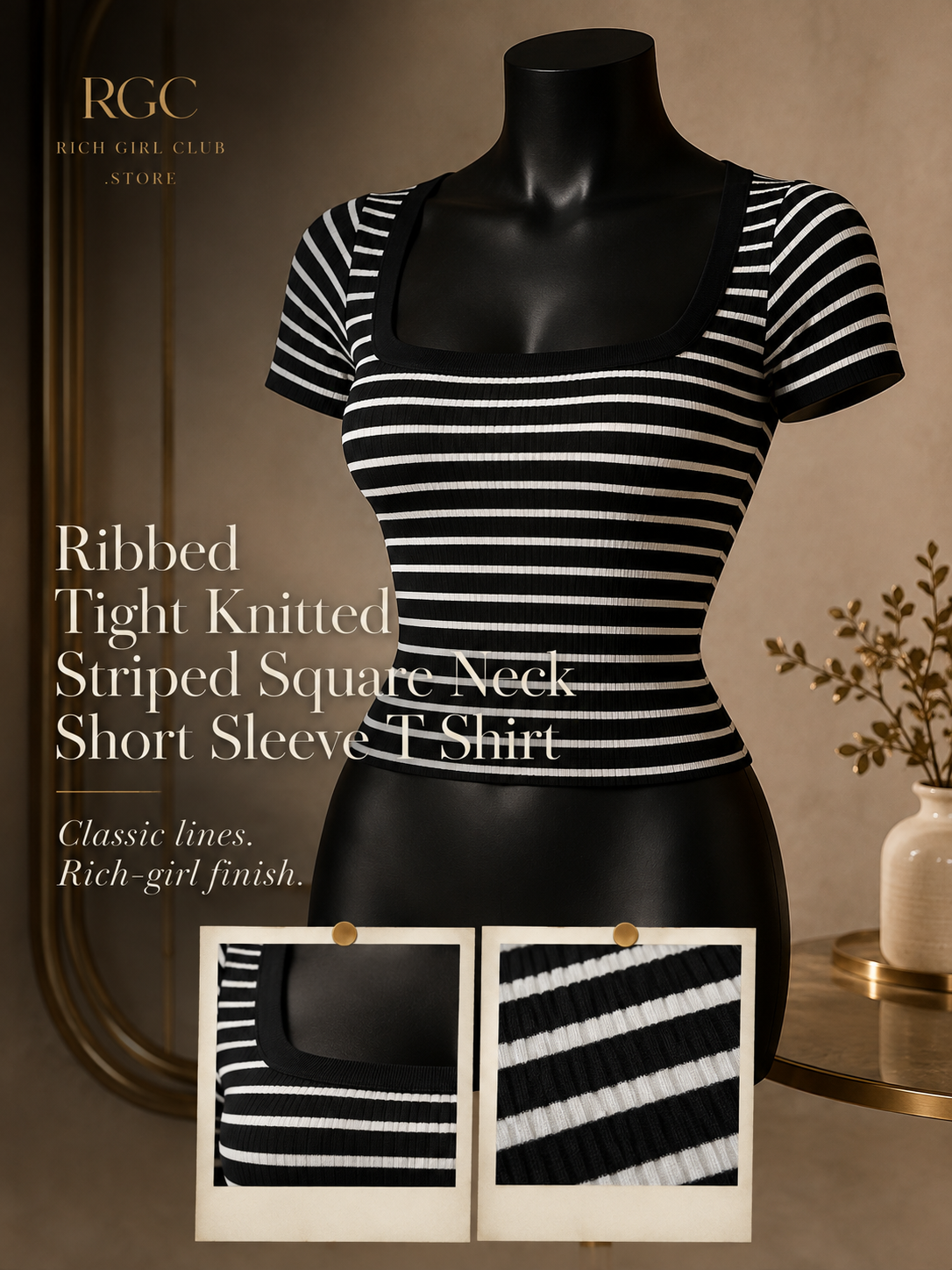 Rich Girl Club mannequin detail of the Main Character Striped Square-Neck Top showing its square neckline and ribbed stripes