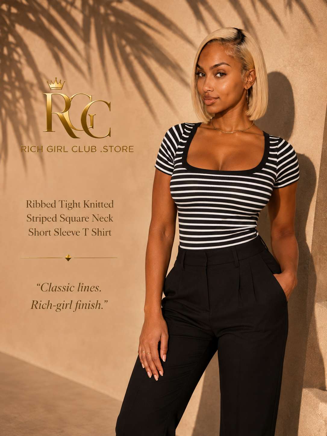 Rich Girl Club campaign model wearing the black-and-white Main Character Striped Square-Neck Top