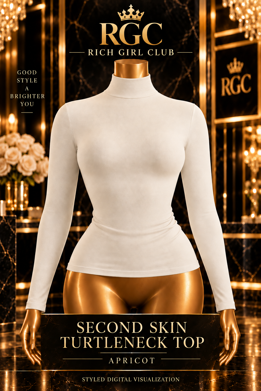 Rich Girl Club Second Skin Turtleneck Top, apricot color, styled digital visualization on curvy bronze mannequin