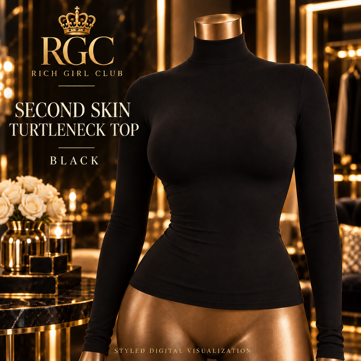 Rich Girl Club Second Skin Turtleneck Top, black color, styled digital visualization on curvy bronze mannequin