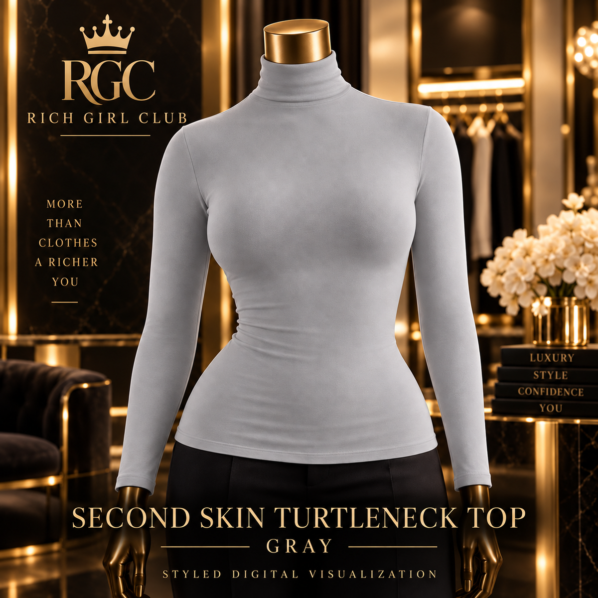 Rich Girl Club Second Skin Turtleneck Top, gray color, styled digital visualization on curvy bronze mannequin