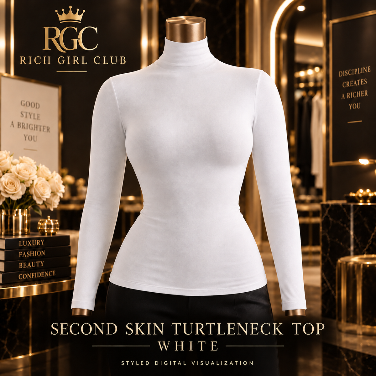 Rich Girl Club Second Skin Turtleneck Top, white color, styled digital visualization on curvy bronze mannequin