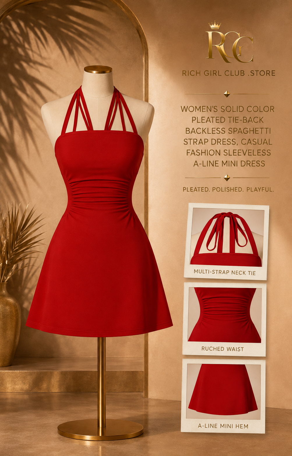 RGC mannequin detail campaign for the red pleated tie-back backless spaghetti strap A-line mini dress