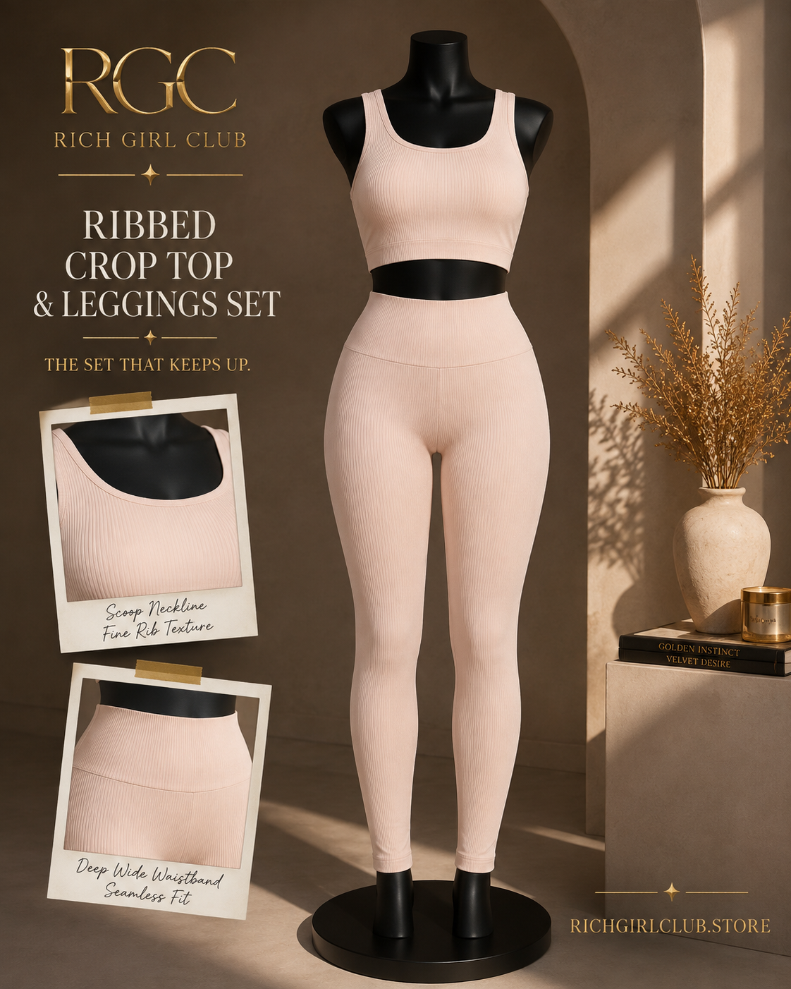 RGC mannequin detail campaign for the Blush Ribbed Crop Top & Leggings Set