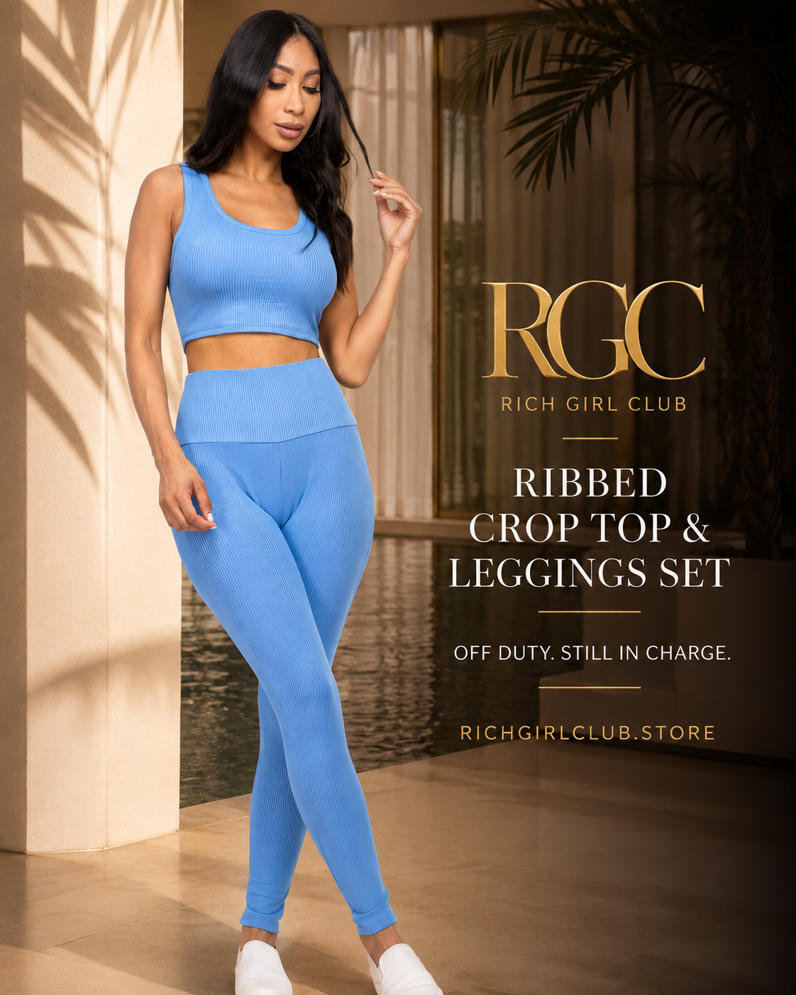 RGC campaign model wearing the Blue Haze Ribbed Crop Top & Leggings Set