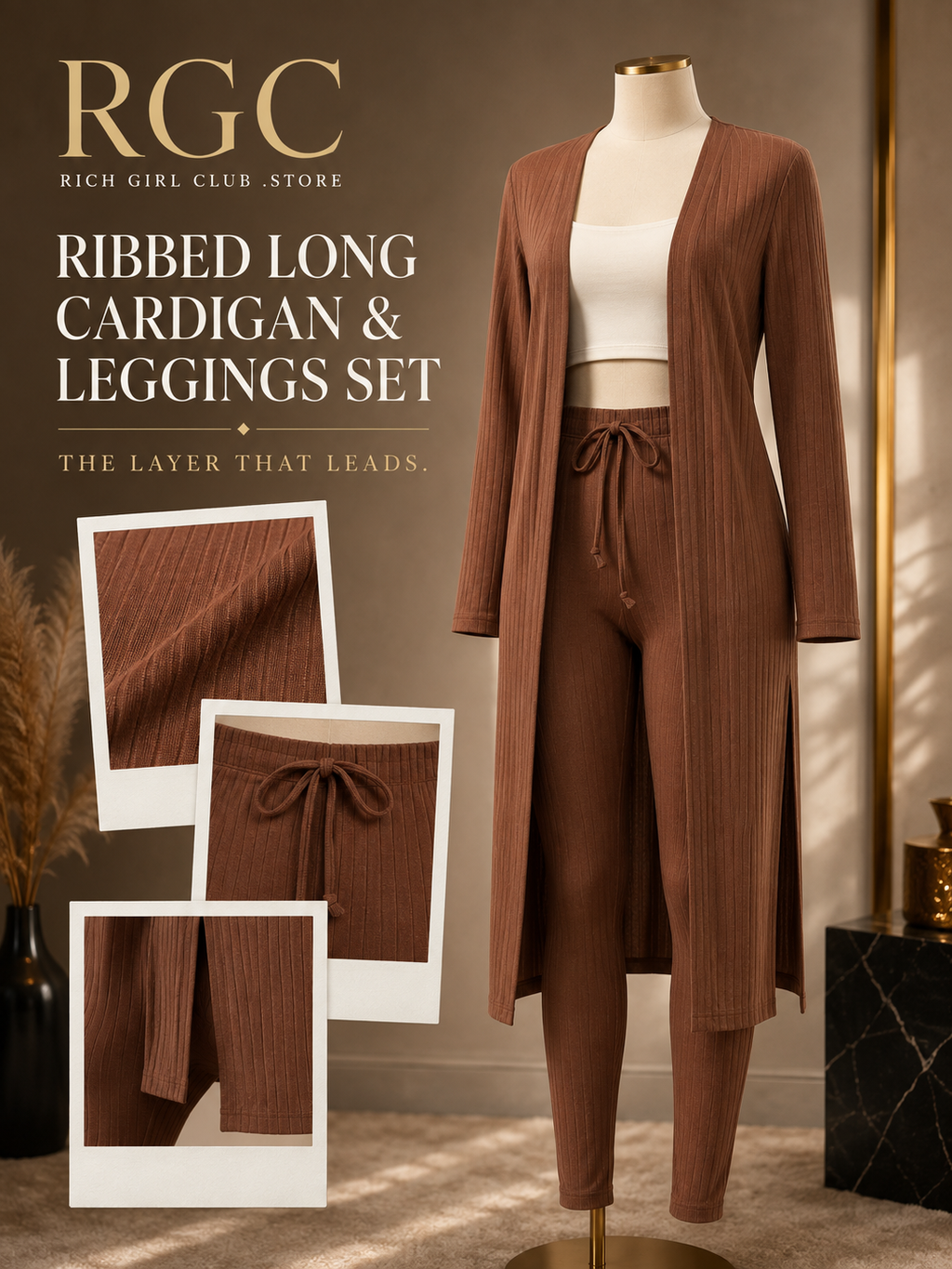 RGC mannequin detail campaign showing the coffee brown Ribbed Long Cardigan & Leggings Set