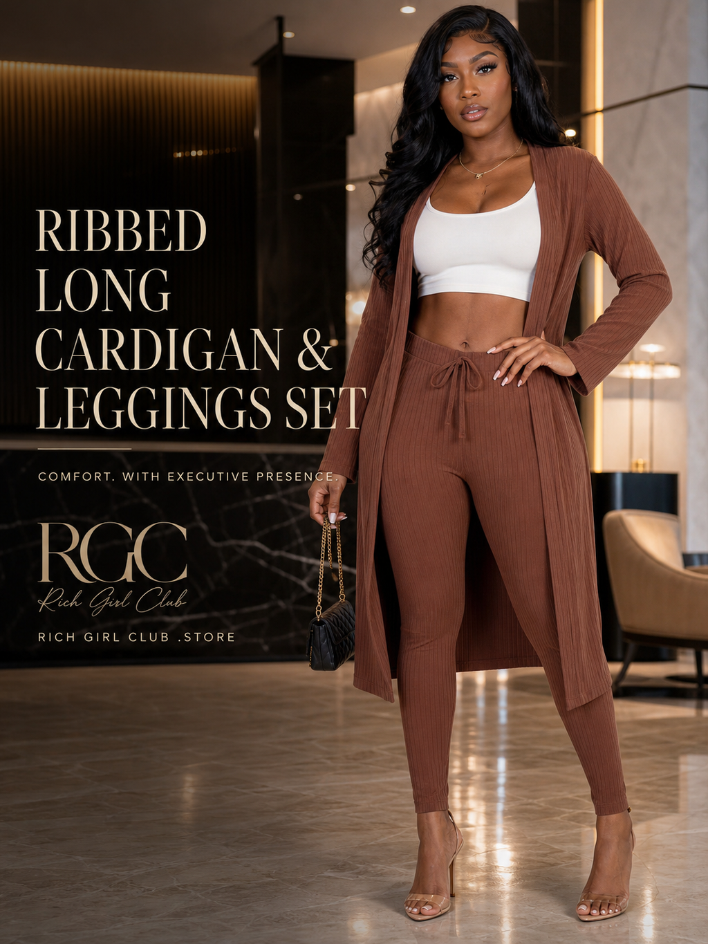 RGC campaign model wearing the coffee brown Ribbed Long Cardigan & Leggings Set