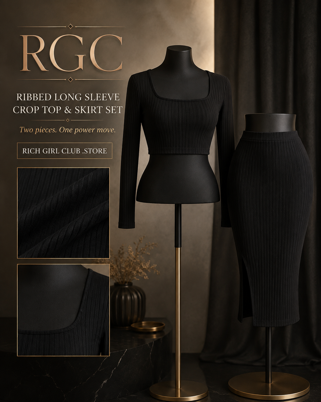 RGC product detail showing the black ribbed square-neck long-sleeve crop top and matching high-waist midi skirt with front-side slit on display forms.
