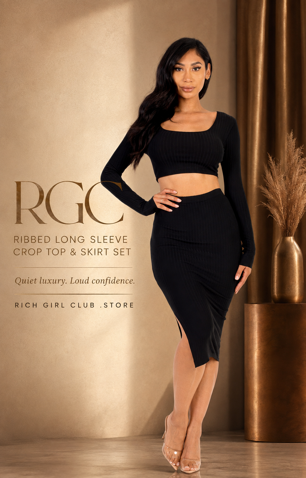 RGC campaign hero showing an adult Black woman wearing the black ribbed square-neck long-sleeve crop top and matching high-waist midi skirt set.