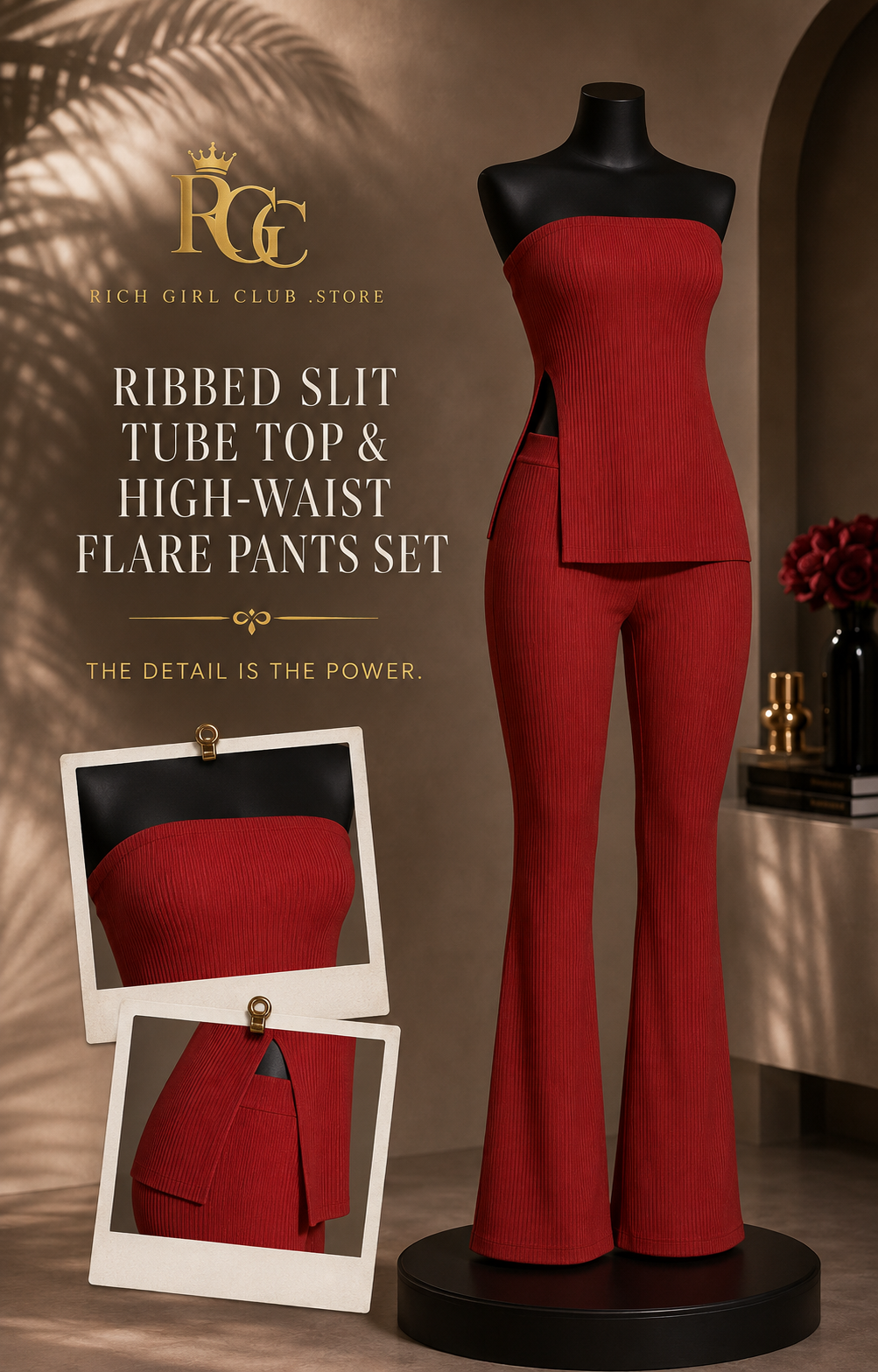 RGC mannequin detail campaign showing the rust Ribbed Slit Tube Top & High-waist Flare Pants Set