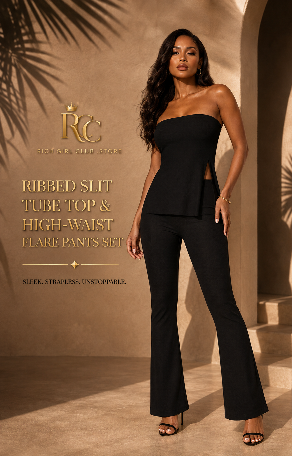 RGC campaign model wearing the black Ribbed Slit Tube Top & High-waist Flare Pants Set