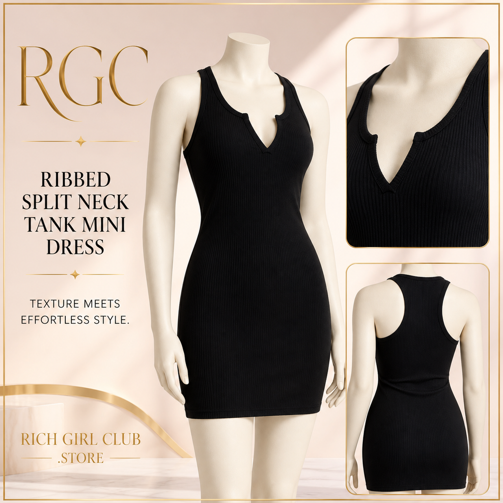 RGC mannequin details of the black Ribbed Split Neck Tank Mini Dress showing rib texture, split neckline and racer back