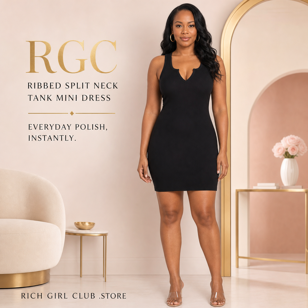 RGC campaign model wearing the black Ribbed Split Neck Tank Mini Dress