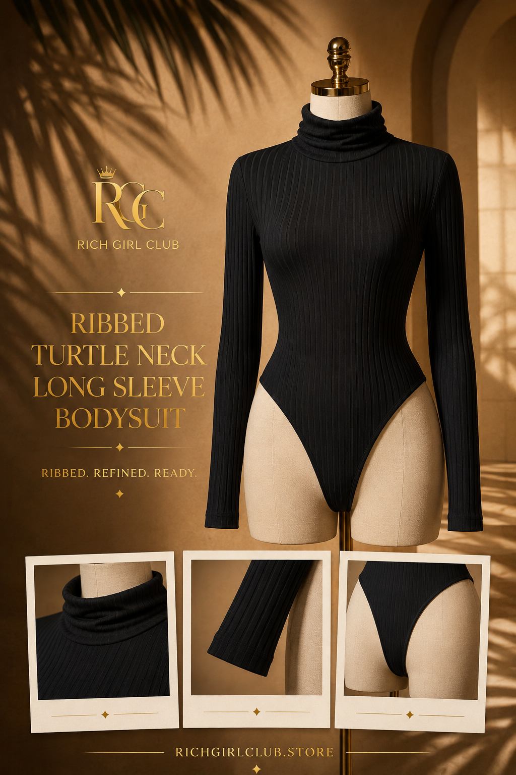RGC mannequin detail campaign showing the black Ribbed Turtle Neck Long Sleeve Bodysuit and its ribbing, folded neck, sleeve cuff, and high-cut silhouette