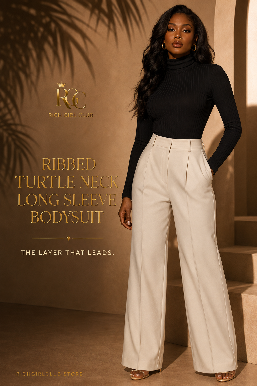 RGC campaign model wearing the black Ribbed Turtle Neck Long Sleeve Bodysuit styled with cream tailored trousers