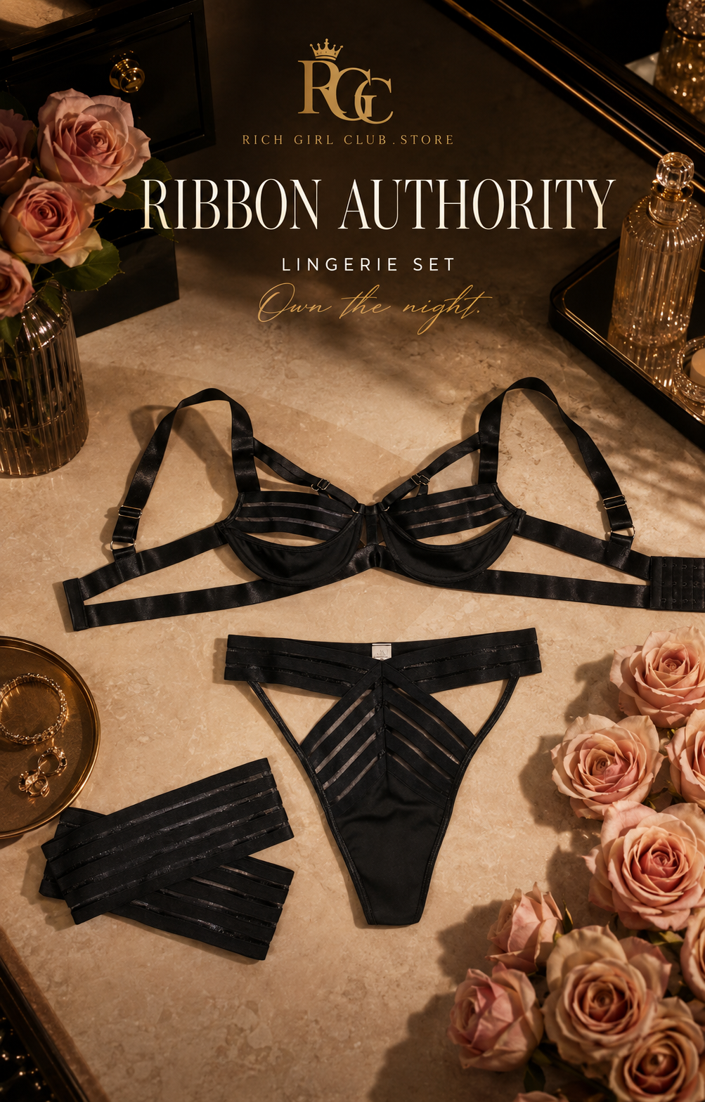 Ribbon Authority Lingerie Set luxury RGC campaign flat lay with the black bra, matching panty, and two leg rings.