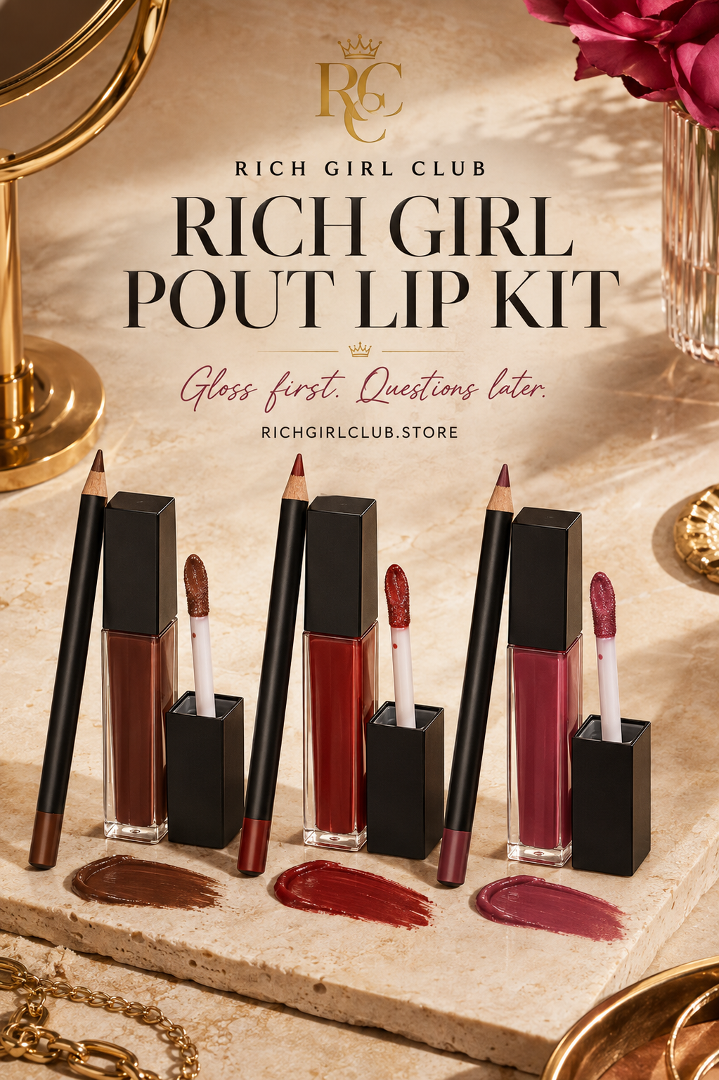 Rich Girl Pout Lip Kit RGC campaign with Cocoa Brown, Brick Red, and Berry Pink liner and gloss pairs.
