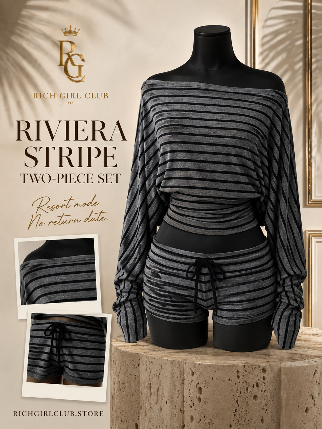 Riviera Stripe Two-Piece Set on a black boutique mannequin with neckline, stripe, waist, and drawstring detail frames.