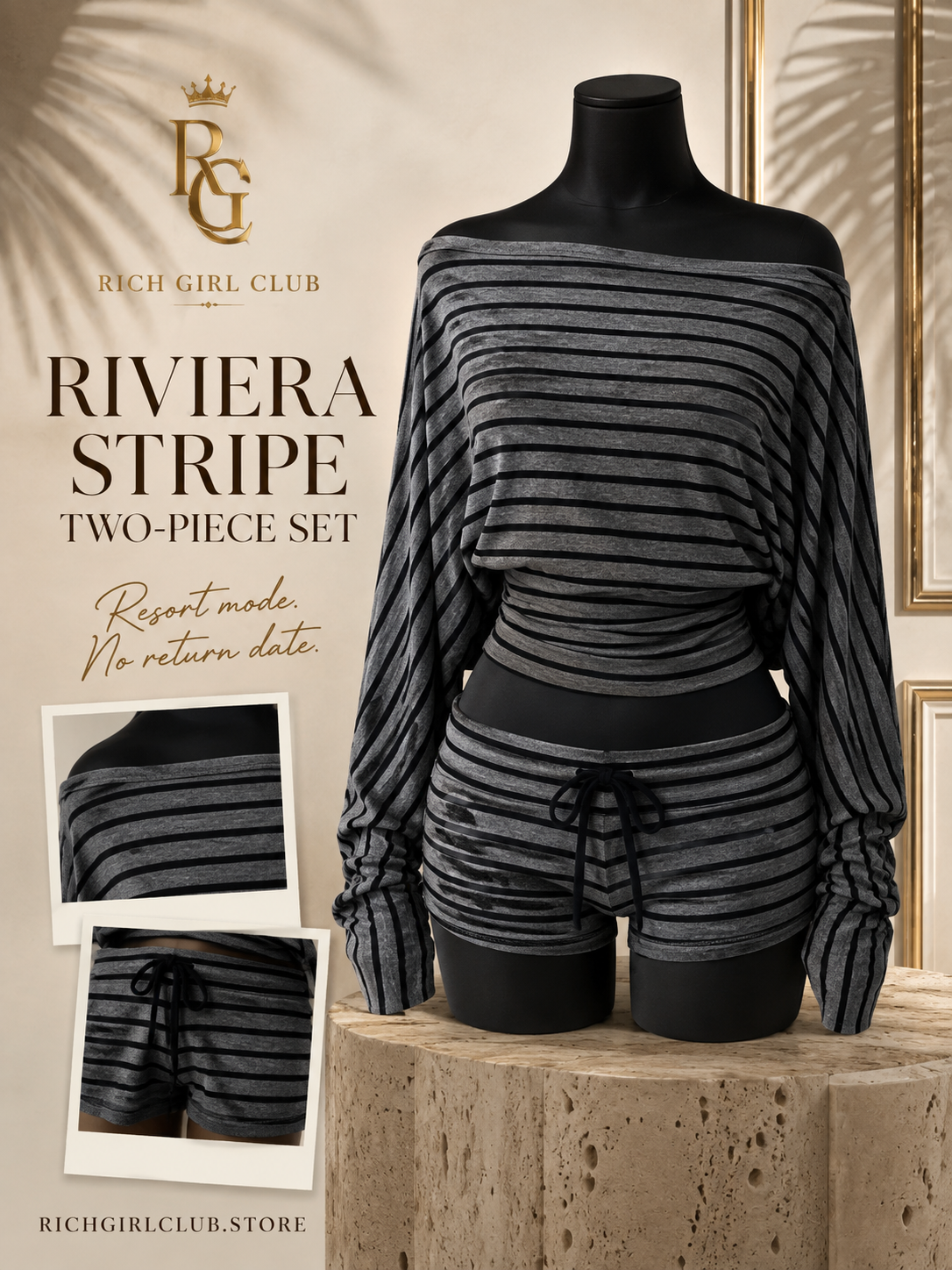 Riviera Stripe Two-Piece Set on a black boutique mannequin with neckline, stripe, waist, and drawstring detail frames.