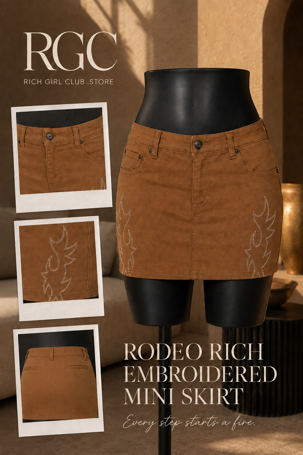 Rodeo Rich Embroidered Mini Skirt RGC mannequin board showing fly, pockets, flame embroidery and fitted back