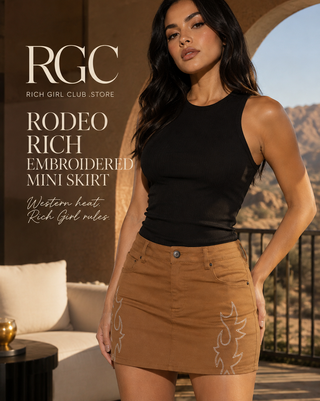 Rodeo Rich Embroidered Mini Skirt RGC campaign model wearing brown flame embroidered twill mini skirt