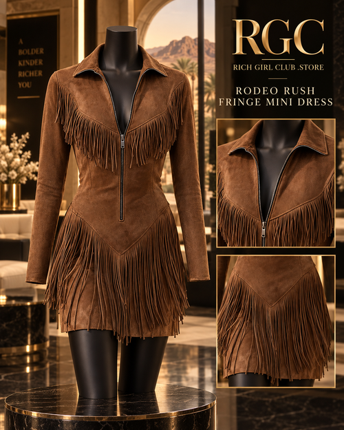 Rodeo Rush Fringe Mini Dress on a mannequin with close views of the collar, zipper, Western yoke and fringe trim.