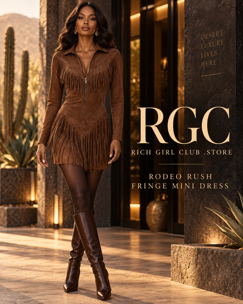 Adult model wearing the dark-brown Rodeo Rush Fringe Mini Dress in a luxury desert-resort campaign.
