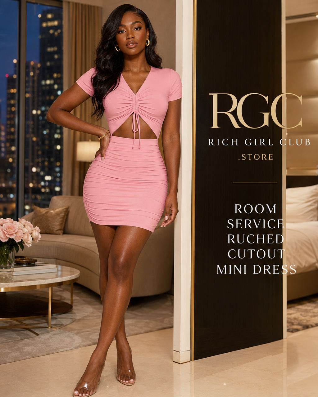 Room Service Ruched Cutout Mini Dress in pink on an adult model in a luxury penthouse, showing short sleeves, ruched tie front, waist cutout, and fitted mini skirt.