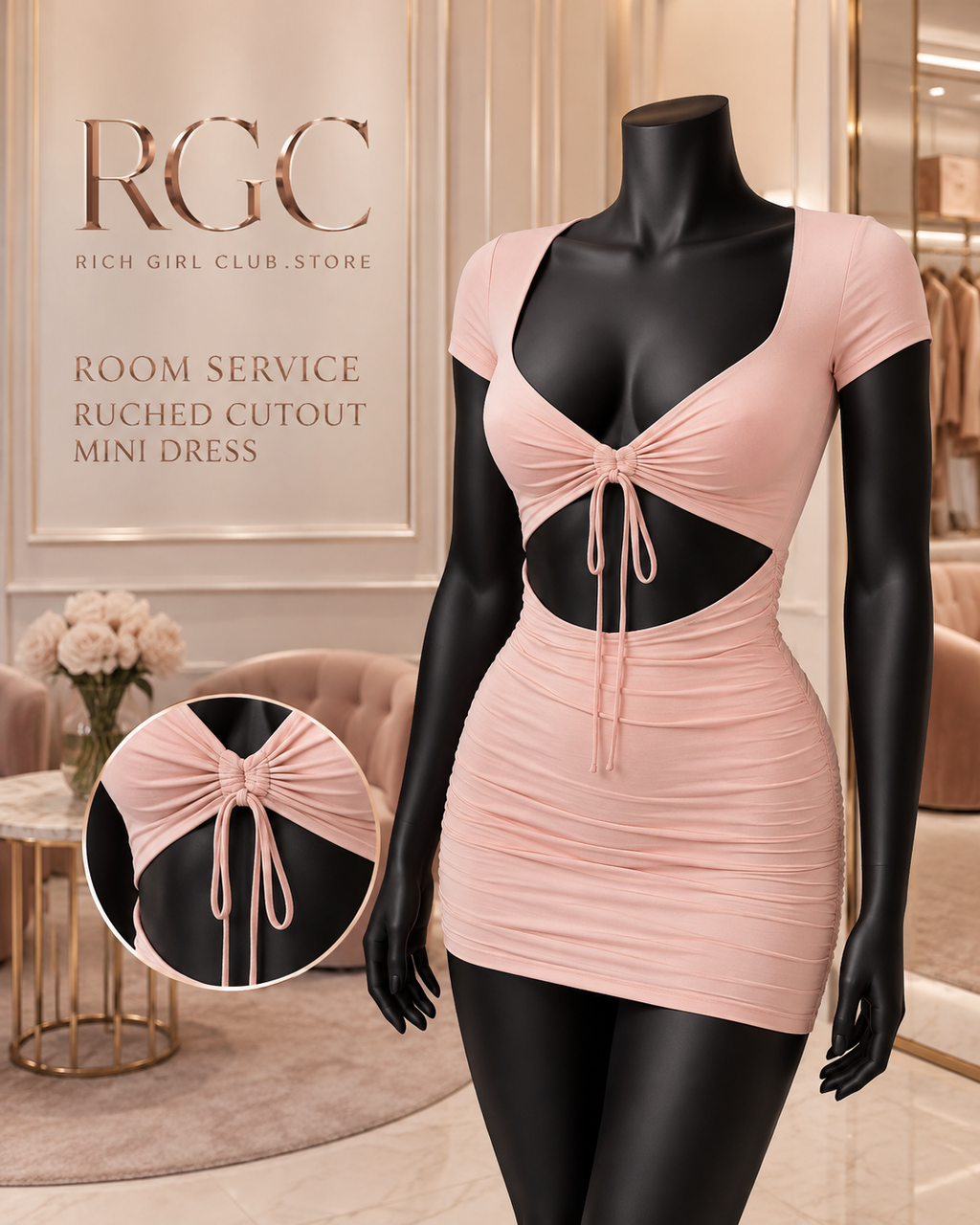 Room Service Ruched Cutout Mini Dress in pink on a matte-black mannequin with close detail of the ruched twist front, center drawstring tie, waist cutout, and fitted skirt.
