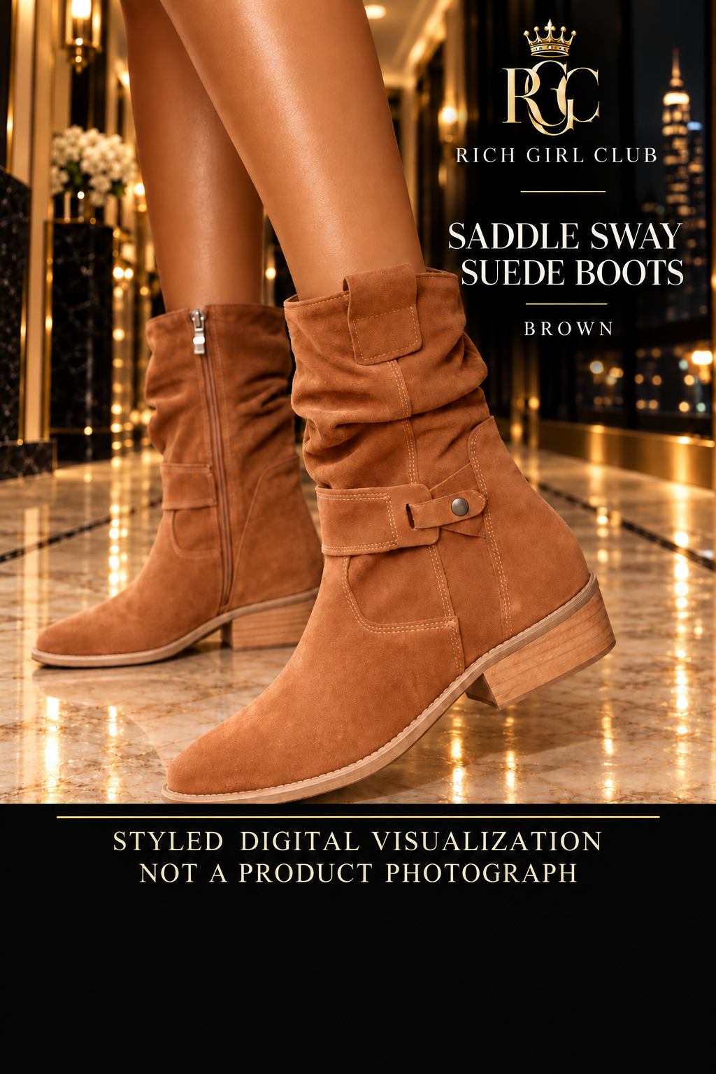 Brown Saddle Sway Suede Boots, RGC styled digital visualization; not a product photograph. Source-matched brown suede slouch, side zipper, one stud ankle strap, pointed toe and low square heel.