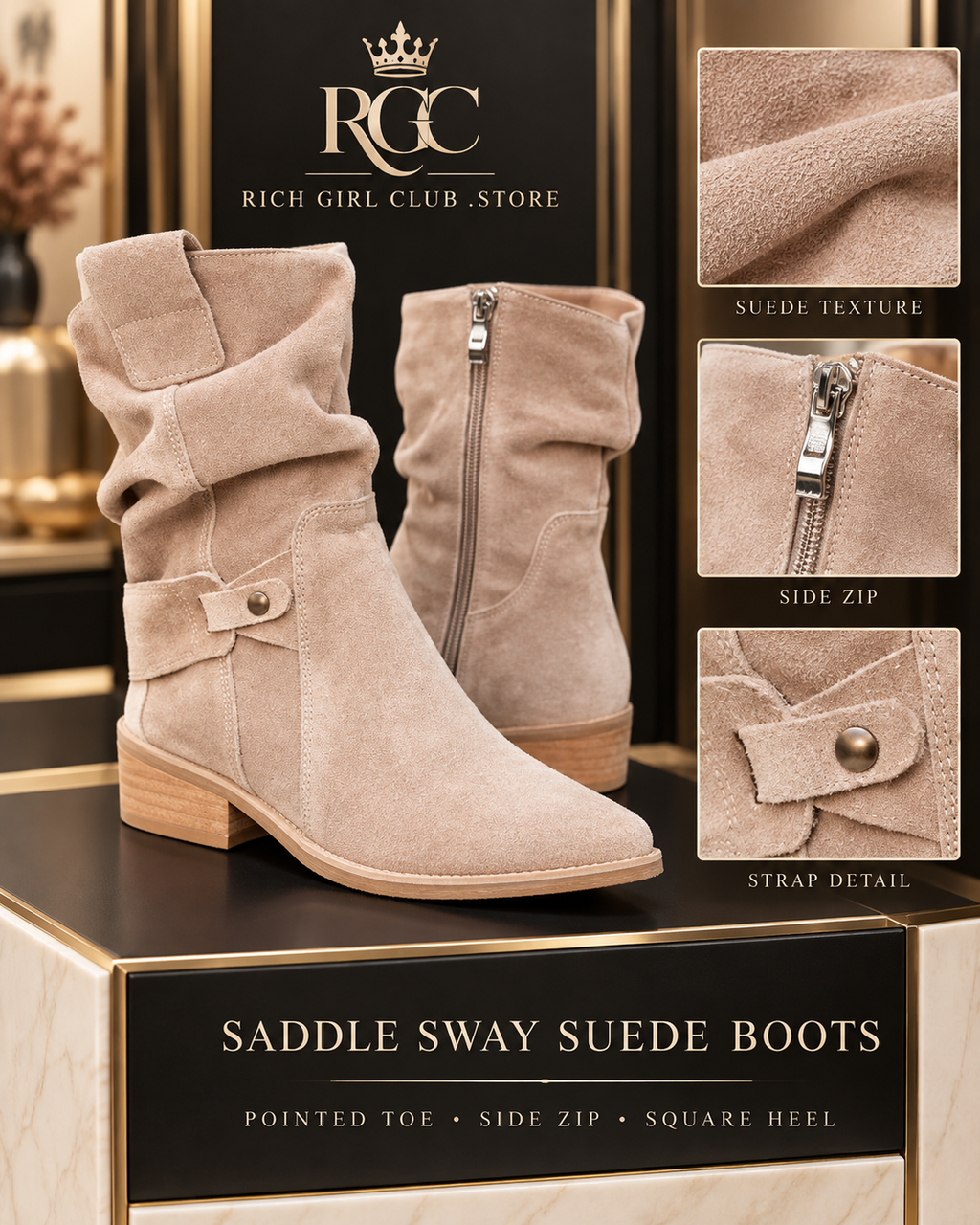 Saddle Sway Suede Boots product detail showing pointed toe, side zipper, strap detail and square heel.