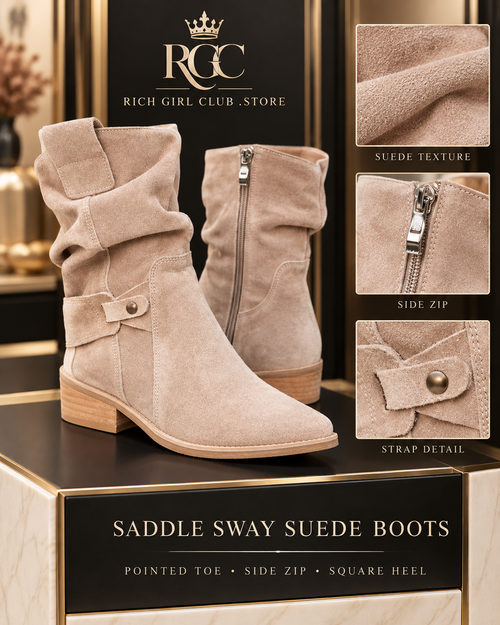 Saddle Sway Suede Boots product detail showing pointed toe, side zipper, strap detail and square heel.