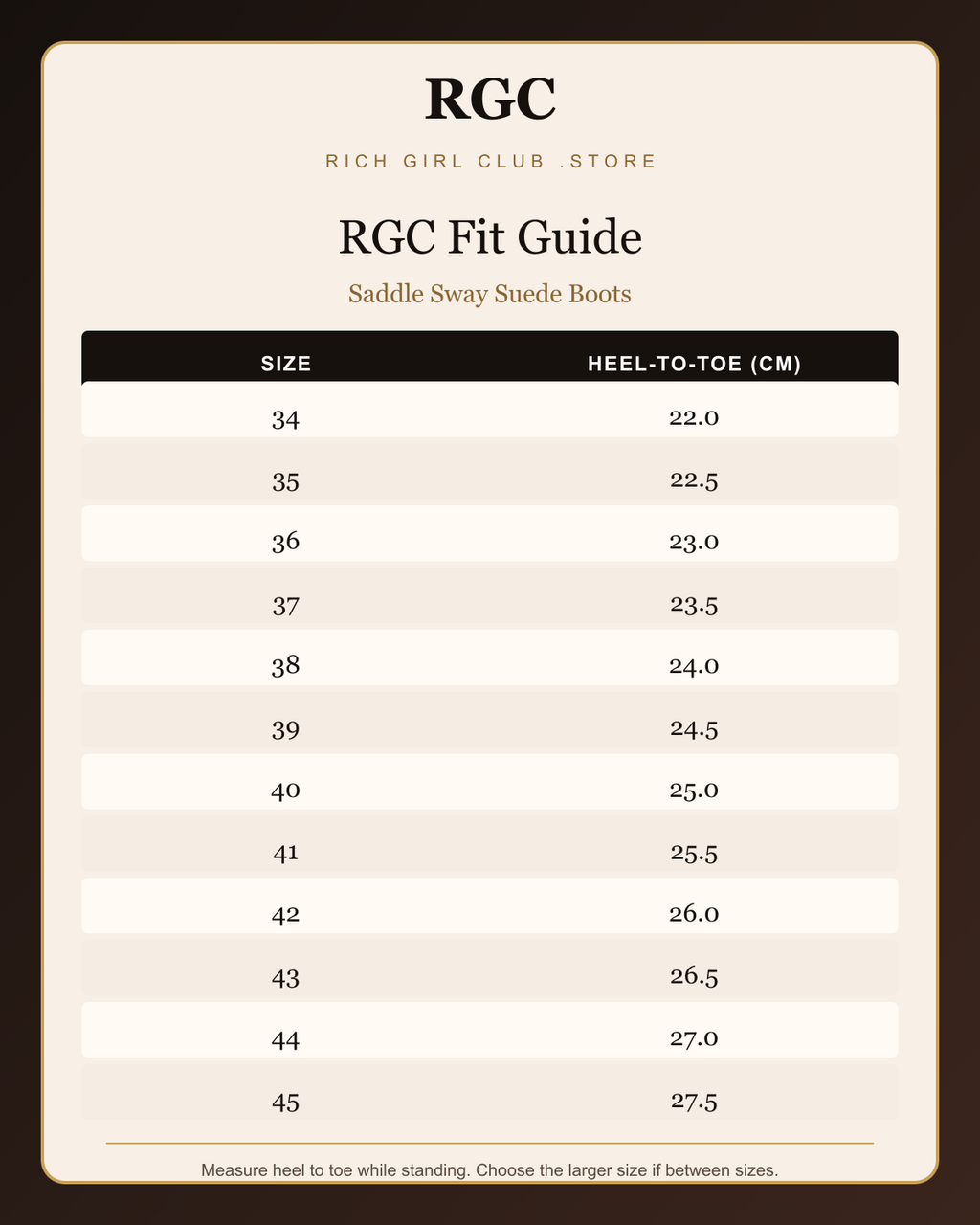 RGC Fit Guide for Saddle Sway Suede Boots with heel-to-toe measurements in centimeters.