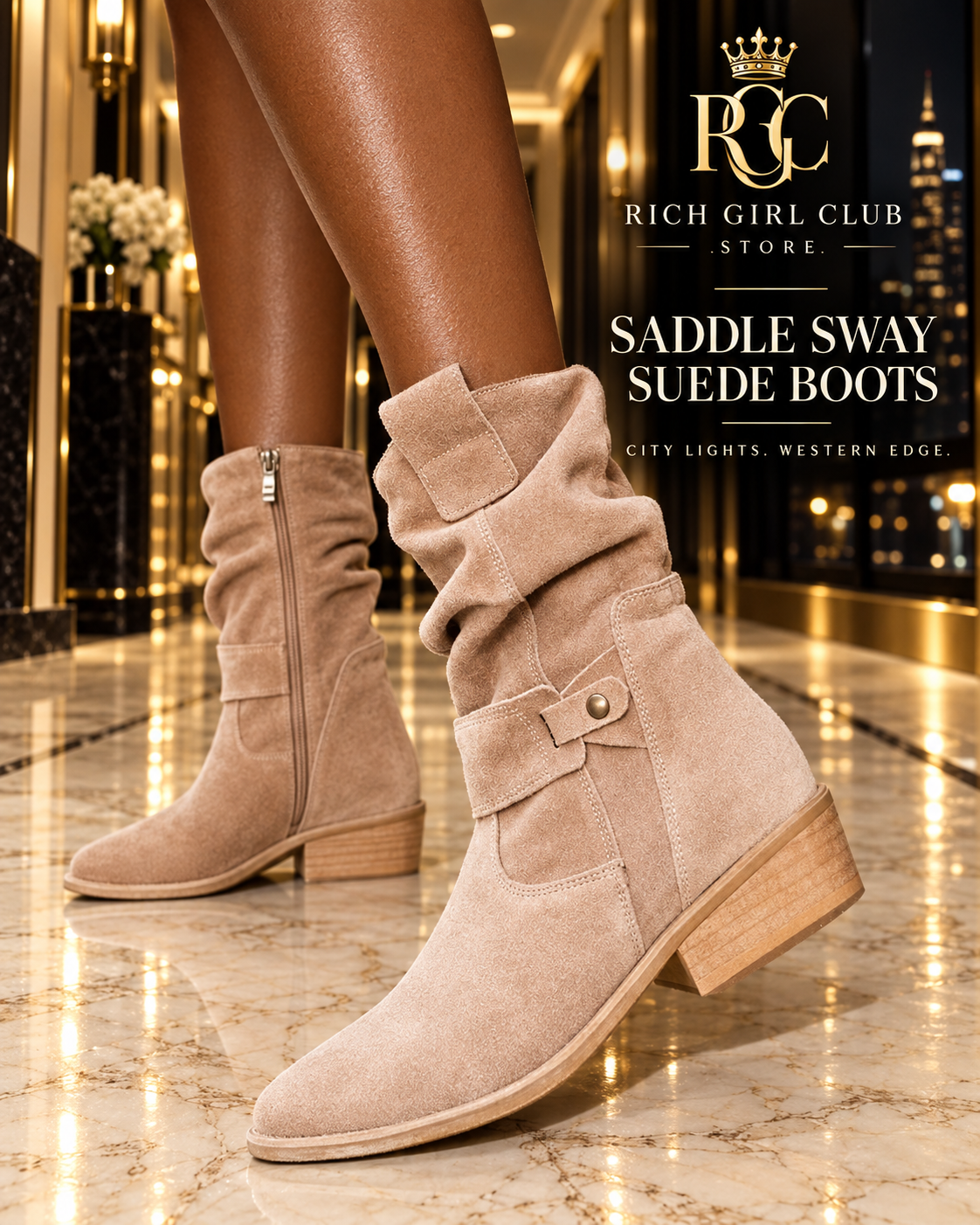 Saddle Sway Suede Boots in apricot styled in a luxury RGC campaign close-up.