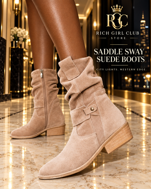 Saddle Sway Suede Boots in apricot styled in a luxury RGC campaign close-up.