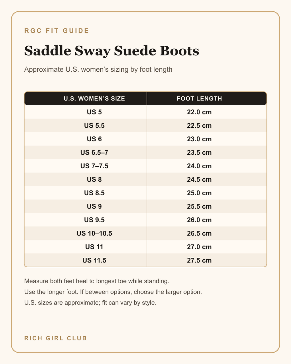 U.S. women’s size and foot-length fit guide for Saddle Sway Suede Boots.