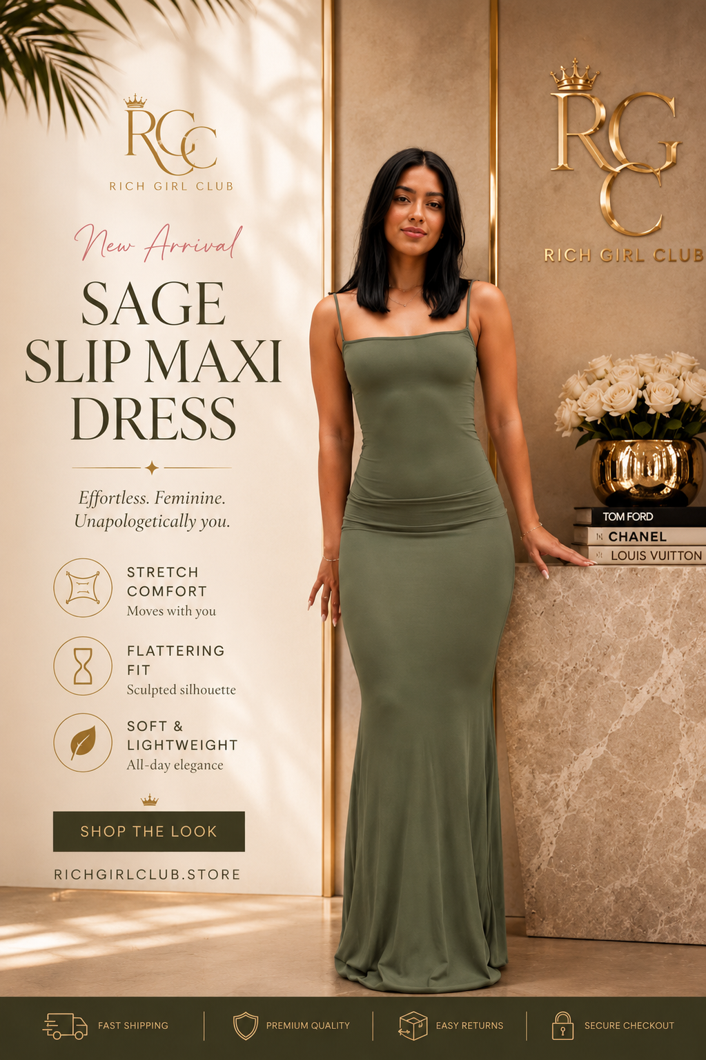 Sage Slip Maxi Dress lifestyle photo - RGC new arrival ad, sage green slip dress