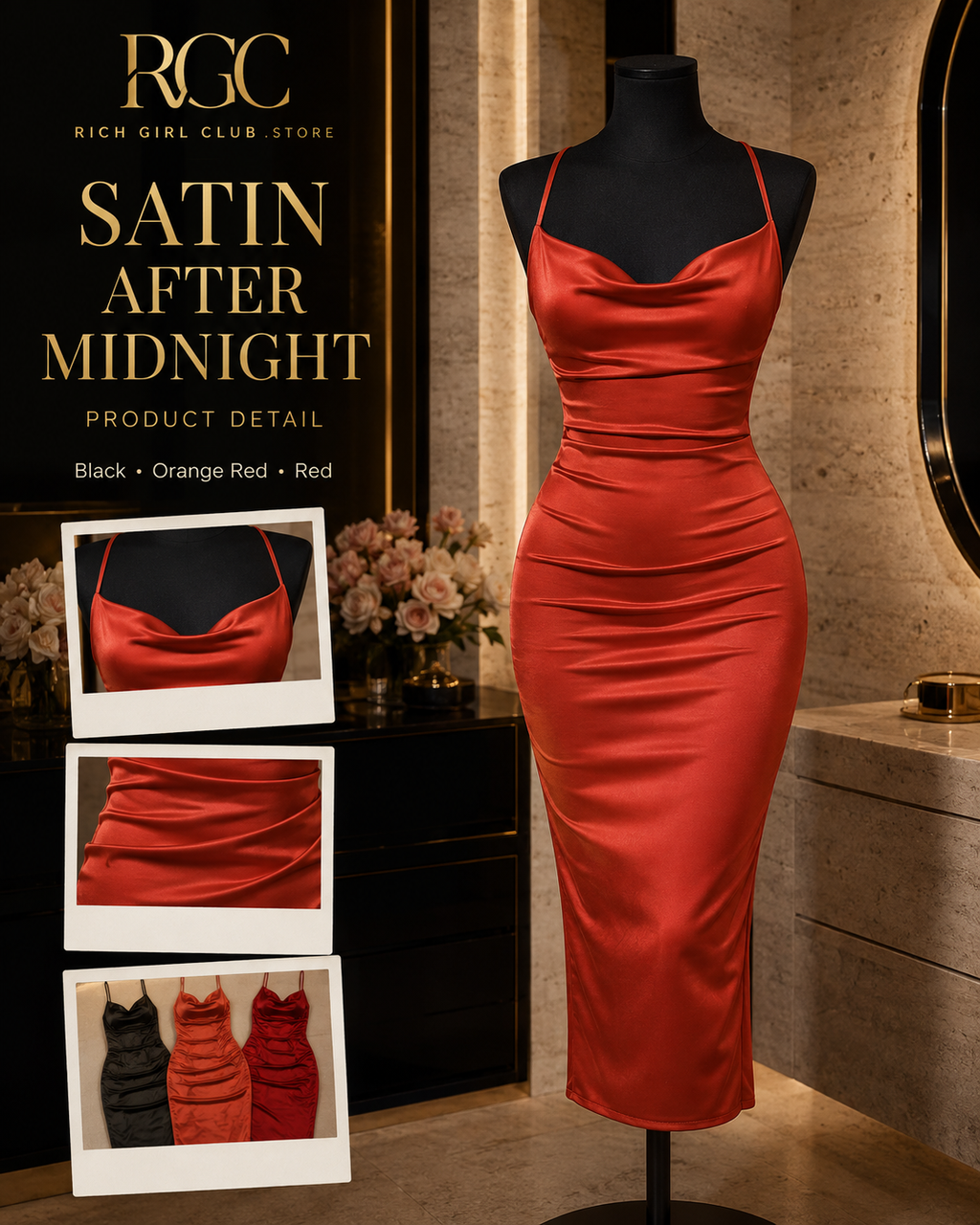 Satin After Midnight RGC mannequin detail showing the cowl neckline, fitted midi silhouette, and Black, Orange Red, and Red colors.