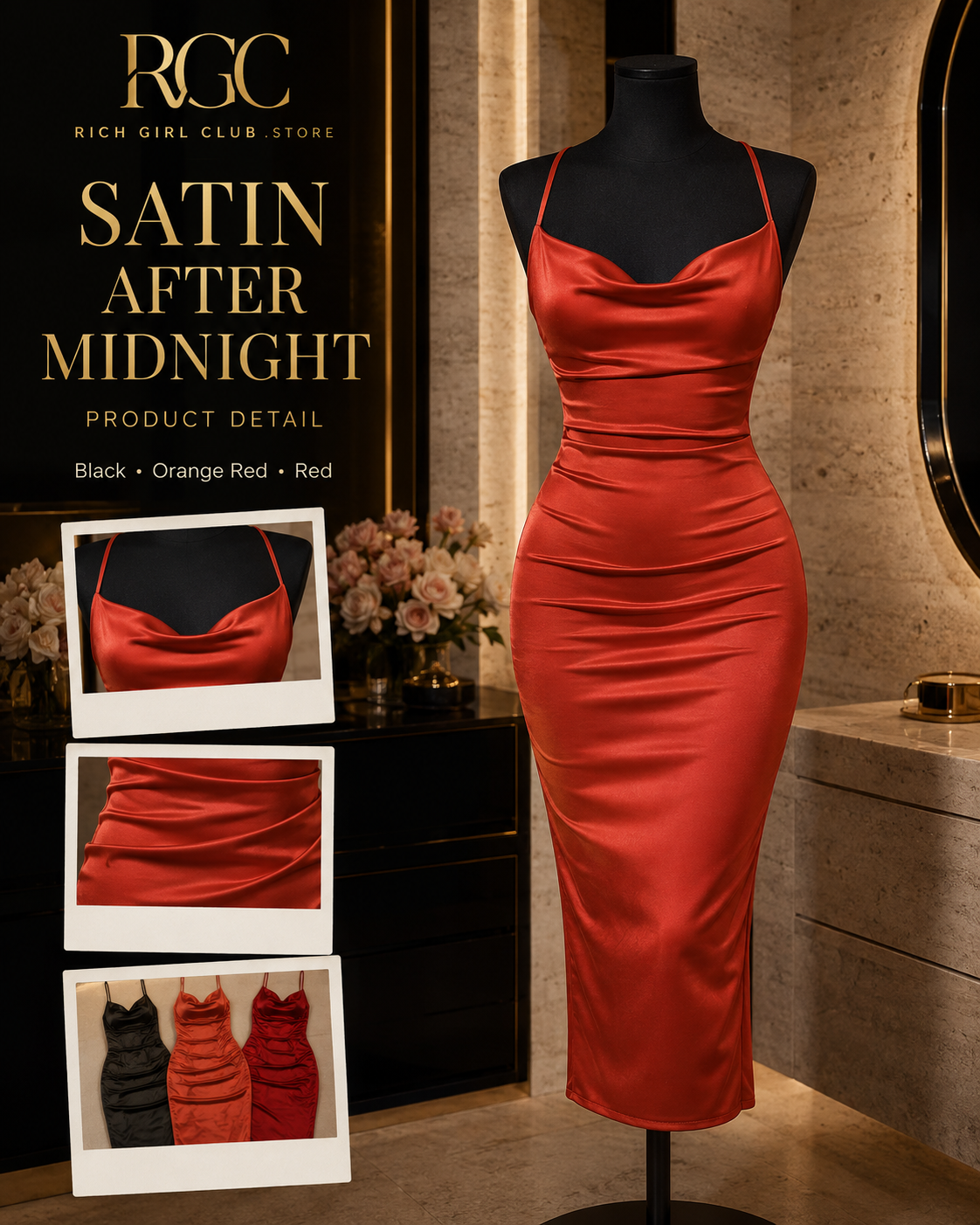 Satin After Midnight RGC mannequin detail showing the cowl neckline, fitted midi silhouette, and Black, Orange Red, and Red colors.