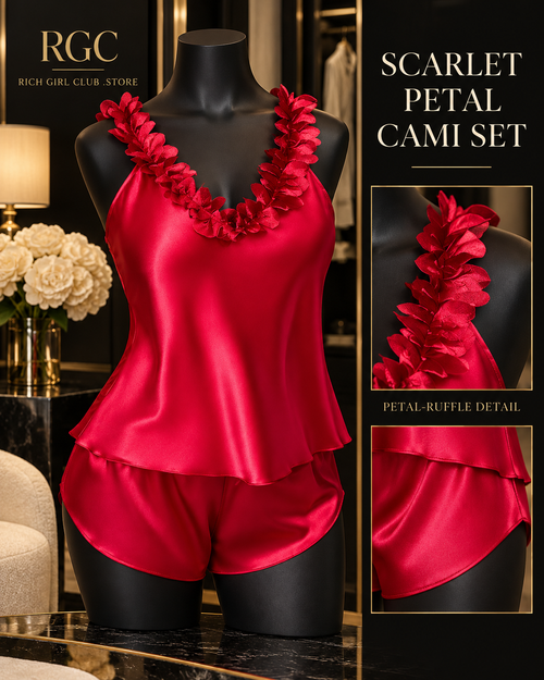 RGC product detail showing the Scarlet Petal Cami Set on a black mannequin, including its petal-trim camisole and matching shorts.
