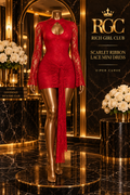 RGC Scarlet Ribbon Lace Mini Dress in red floral lace on a curvy bronze Viper mannequin.