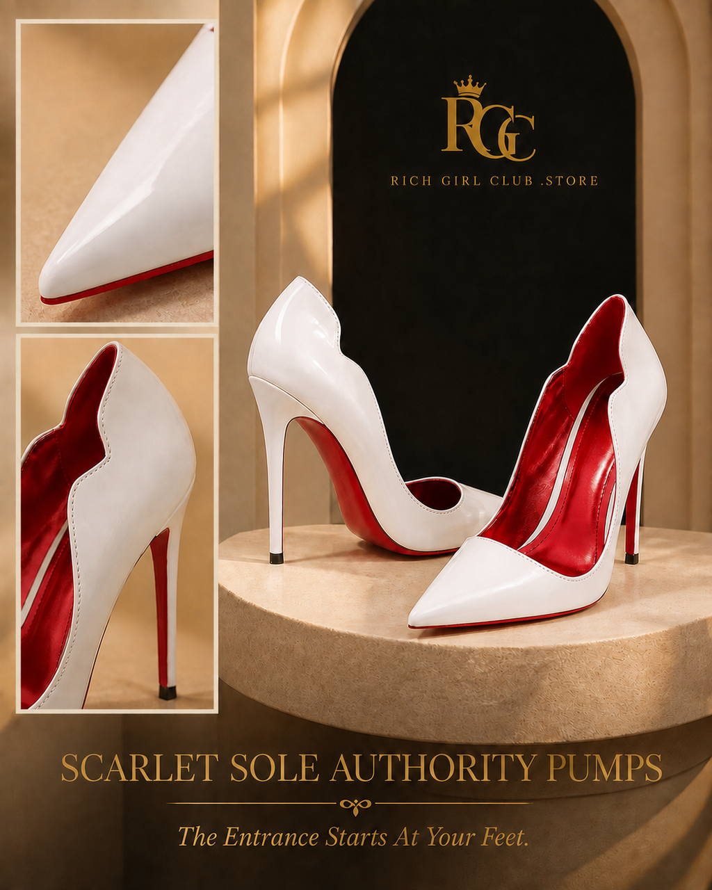 White Scarlet Sole Authority Pumps detail showing pointed toes, sculpted openings and scarlet-colored soles