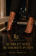 RGC close-up campaign of black Scarlet Sole Authority Pumps with scarlet-colored soles