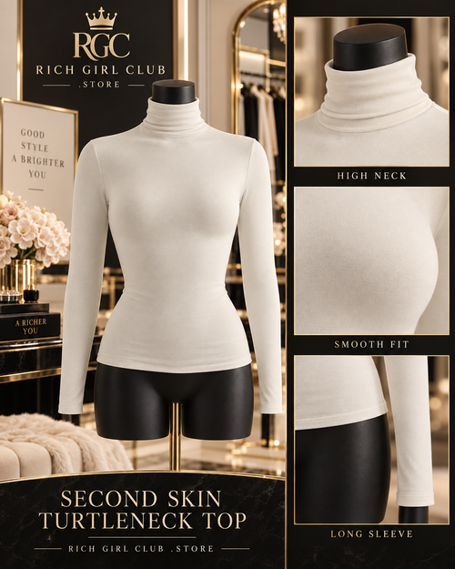 Cream Second Skin Turtleneck Top on a mannequin with high-neck, smooth-fit and long-sleeve detail views.