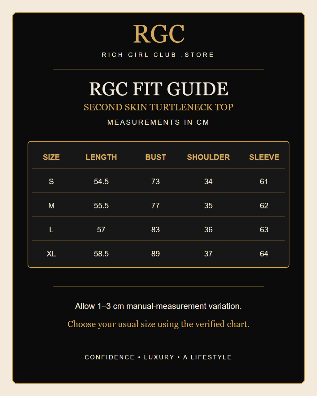 RGC Fit Guide for the Second Skin Turtleneck Top with verified S through XL measurements in centimeters.