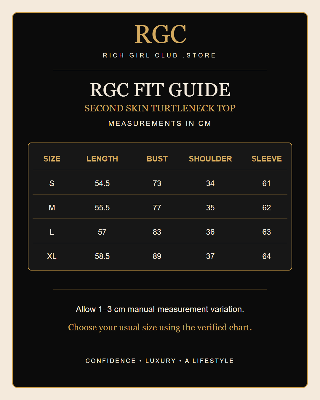 RGC Fit Guide for the Second Skin Turtleneck Top with verified S through XL measurements in centimeters.