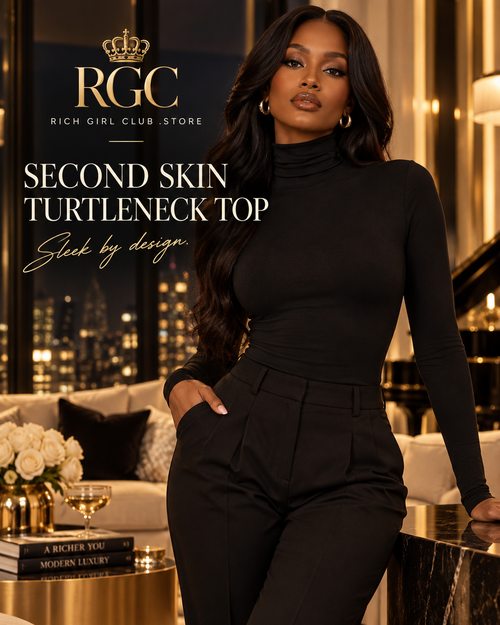 Adult model wearing the black Second Skin Turtleneck Top in a luxury RGC penthouse campaign.