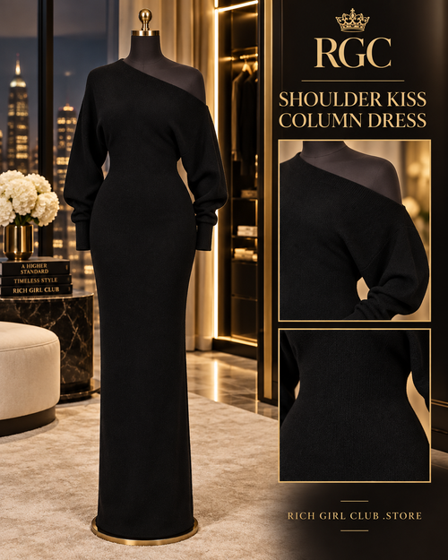 RGC mannequin detail of the black Shoulder Kiss Column Dress with asymmetric shoulder drape and long sleeves.