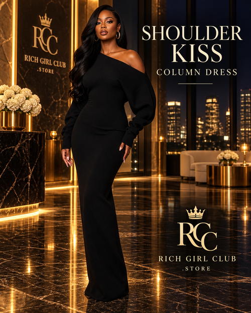 RGC campaign featuring an adult model in the black Shoulder Kiss Column Dress.