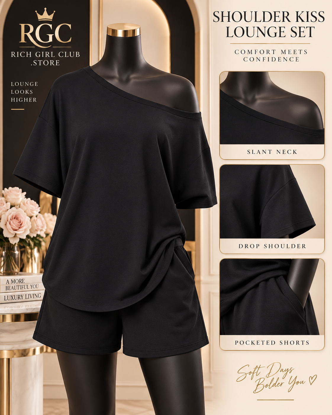 Black Shoulder Kiss Lounge Set on a mannequin with slant-neck, drop-shoulder and pocketed-shorts details.
